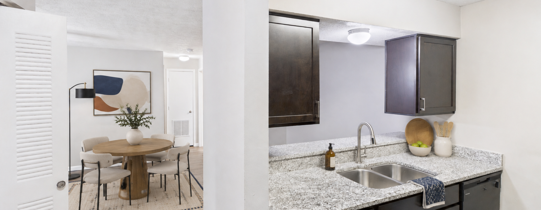 Staged apartment kitchen and dining area