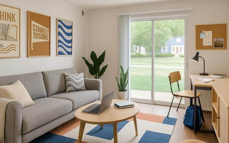 a living room with a couch and a table