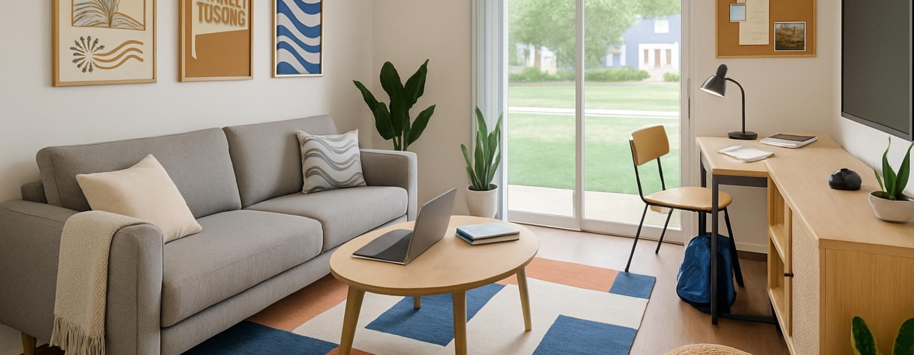 a living room with a couch and a table